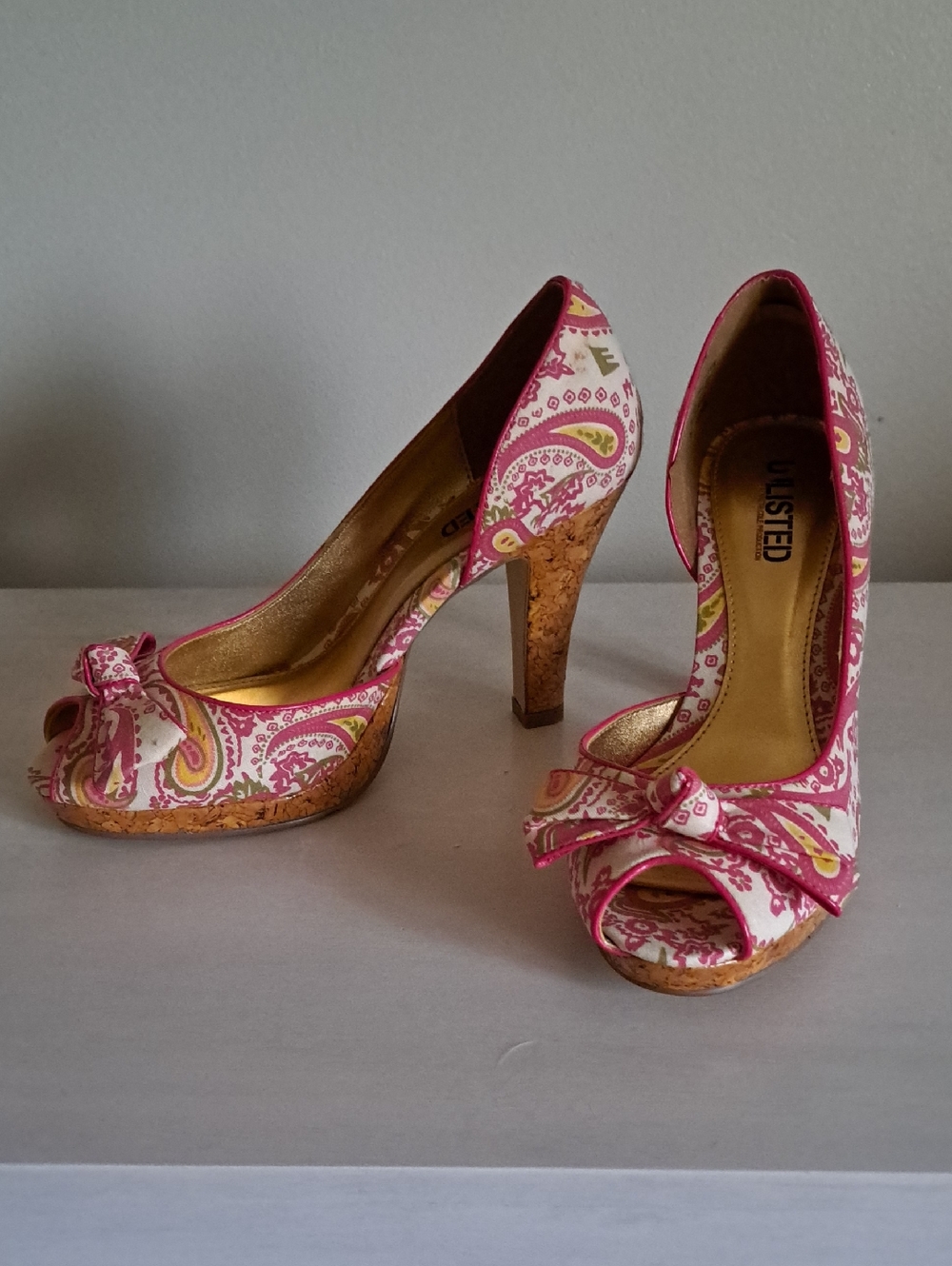 Pink Paisley Open-Toe Cork Platform Heels with Bow Accent